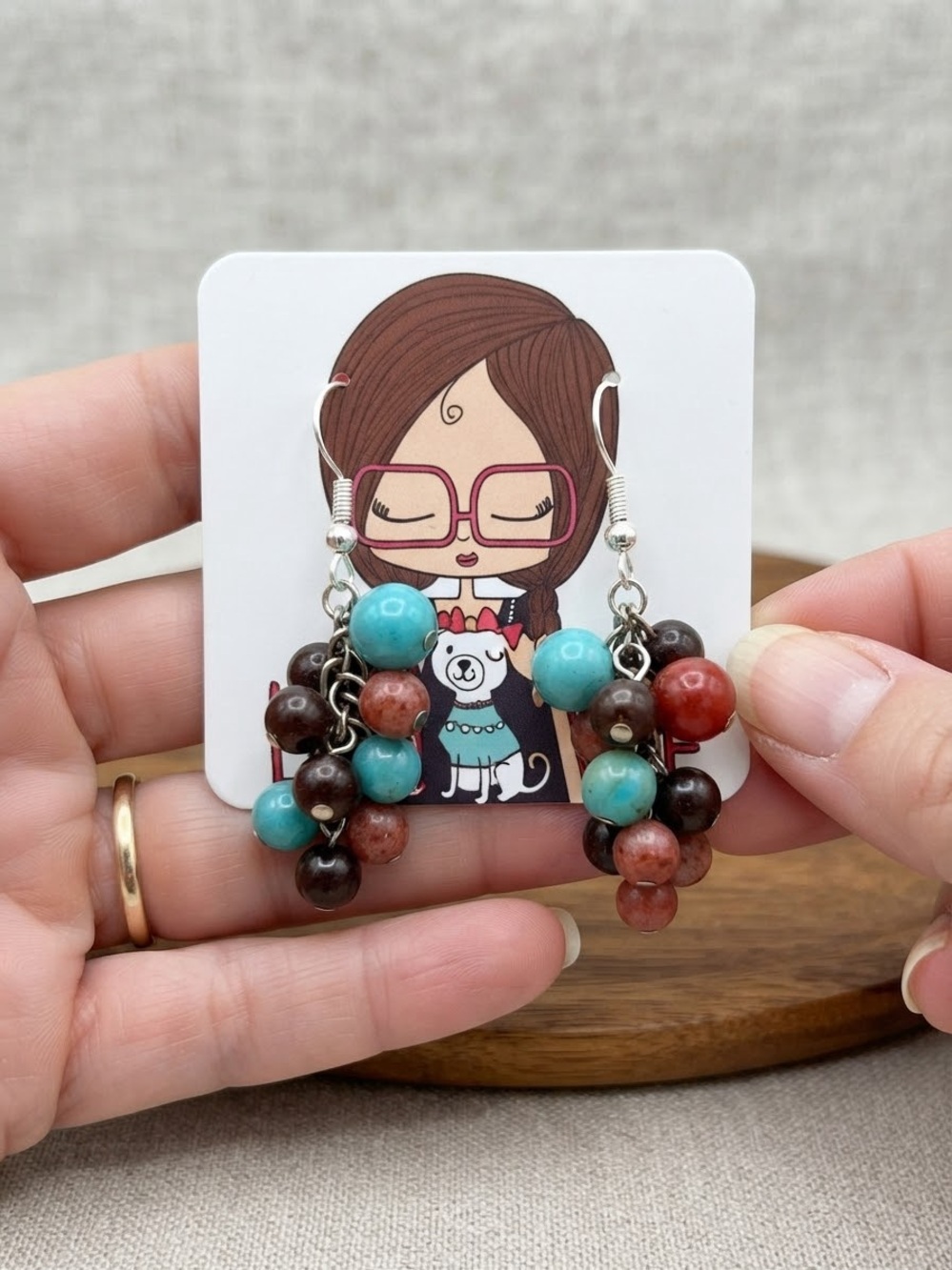 Beaded Cluster Dangle Earrings in Turquoise, Brown & Red